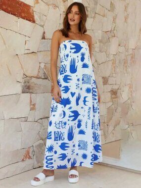 Blue and white strapless maxi dress